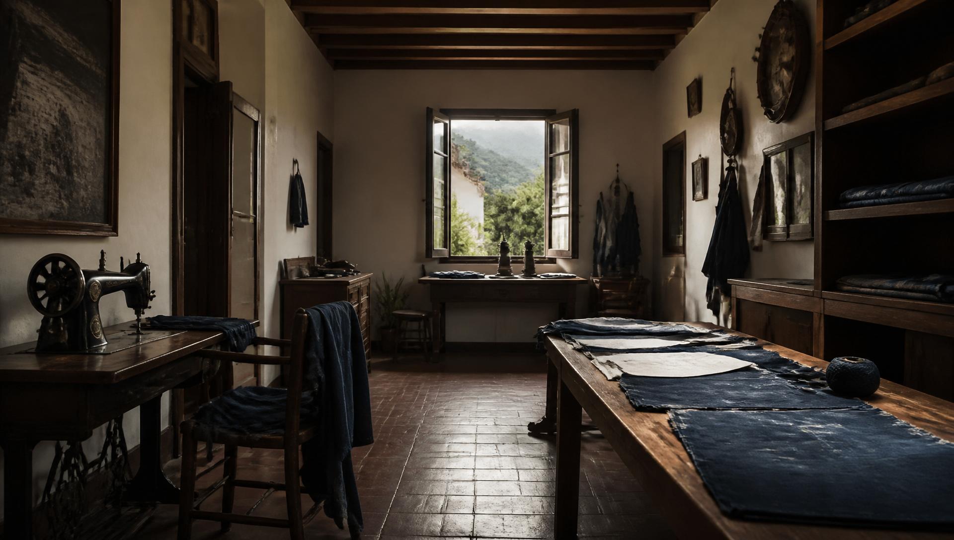 Interior silencioso de una casa-taller con tela índigo y máquina de coser.